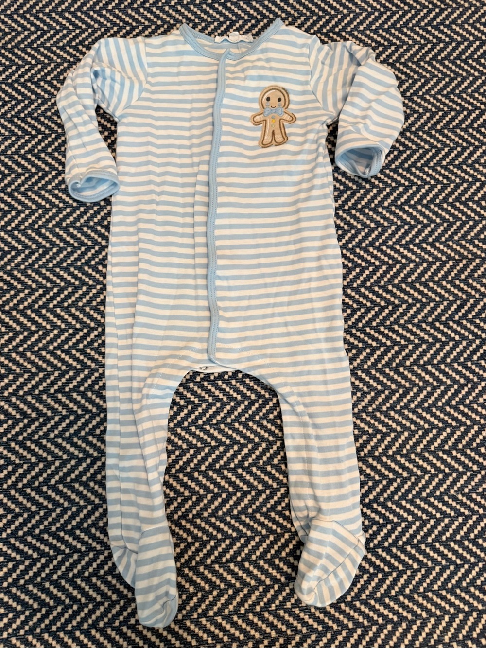 Striped Blue and White Footed Baby Pajamas with Gingerbread Patch